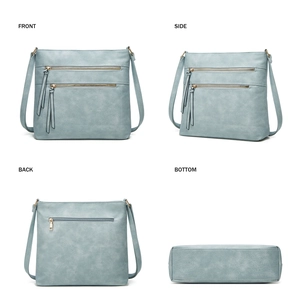 Four-angle view of a blue faux leather tote bag showing front, side, back, and bottom