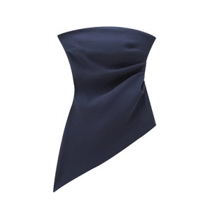 Navy blue ruched strapless top with asymmetrical hem and structured woven fabric texture