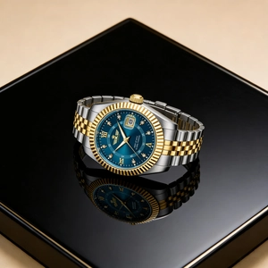 Detailed macro view of a luxury blue dial watch with diamond markers on a mirrored display