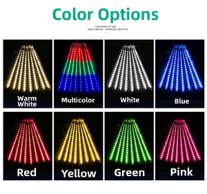 Detail showing eight available colors of LED meteor shower lights for outdoor decoration