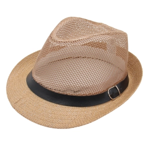 Hollow straw fedora in light brown with breathable mesh design and black faux leather belt