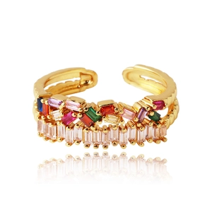 Detail of adjustable gold ring with multi-colored rectangular zircon stones inlay