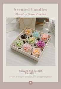 Flat lay of 9 succulent and flower scented candles in glass cups on a gift set table