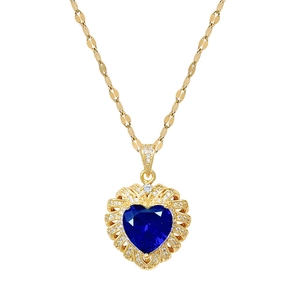 Luxurious gold necklace with a micro-paved blue heart pendant and sparkling cubic zirconia
