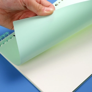 Mint green matte refillable notebook with transparent binder rings on blue background