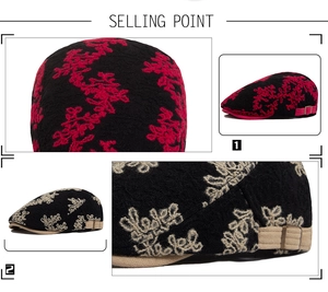 Detailed view of jacquard cotton beret featuring two-tone embroidery and metal buckle