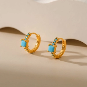 18K gold plated brass hoop earrings with square turquoise stone and small studs