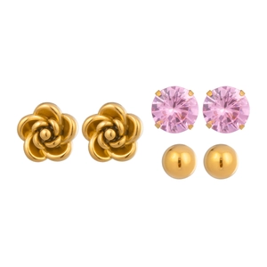 Three-pair earring set featuring gold flowers, pink gemstones, and polished round studs