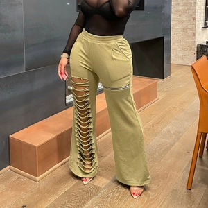 Women Casual Pants Trousers Polyester Spandex High Waist Wide Leg Hollow Out Ripped Metal Zipper Pockets Streetwear Trendy