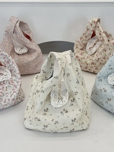 Women Mini Floral Handbag Lace Trim Canvas Small Tote Bag Japanese Sweet Style Portable Handheld Purse