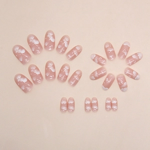 Cloud and star pattern pink gradient press-on nails in long oval shape for women