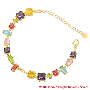 Detail showing 10mm wide colorful zircon bracelet with lobster clasp and extension