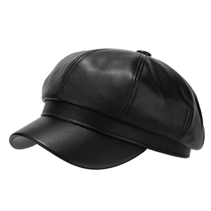 Classic black PU leather newsboy cap for women featuring an 8-panel vintage octagonal design