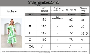 Detailed size chart for off-shoulder puff sleeve floral dress with waist measurements