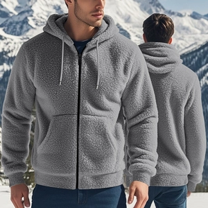 Detail of grey men's heavy fleece hooded jacket with full zipper and mountain view