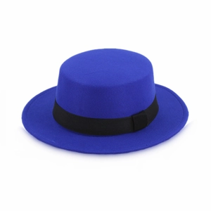 Detailed 45-degree angle view of the royal blue flat top wool fedora with a black ribbon