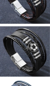 Detailed macro view of multi-layer leather bracelets with football charm and magnetic clasp