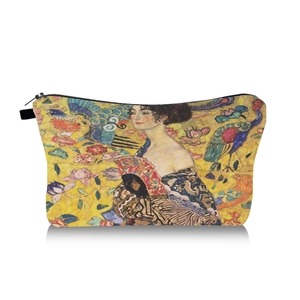 Detail of Gustav Klimt Lady with a Fan oil painting print on yellow makeup bag with zipper