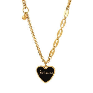 Minimalist gold-tone heart necklace with black enamel Forever pendant and layered chain