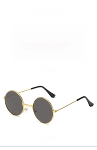 Vorder- und Seitenansicht der runden Retro-Sonnenbrille mit Goldrahmen und grauen Gläsern