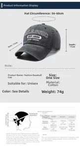 Size chart for washed cotton baseball cap with detailed head measurements and guide