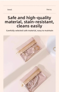 Close-up of translucent jewelry storage pouches with gold zipper for sorting necklaces