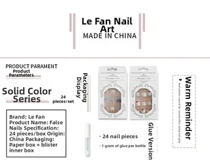 Detailed set of 24 classic short square fake nails with glue and retail packaging