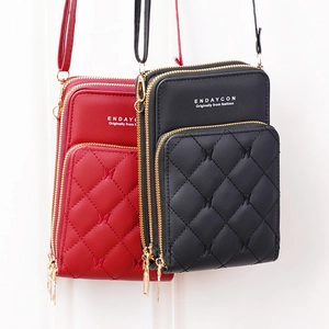 Quilted PU leather crossbody phone bag with multi-layer zippers in red and black