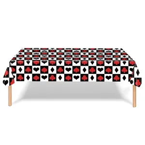 Casino poker themed rectangle tablecloth with black and white checkered pattern and card suits