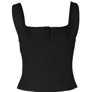 Detailed close-up of a black square-neck sleeveless vest with front button accents