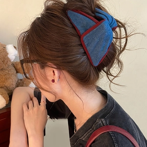 Fashion Denim Fabric Triangle Hair Claw Large Bow Clip Red Contrast Piping Retro Hair Accessory For Women Girls