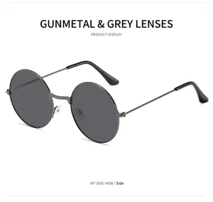 Seitenansicht der runden Vintage-Sonnenbrille aus Gunmetal mit grauen Gläsern