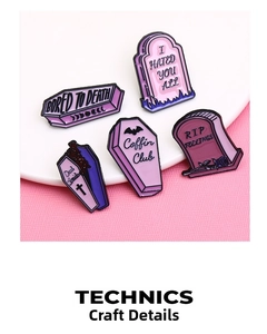 Macro detail of gothic coffin enamel pins set in purple zinc alloy for Halloween