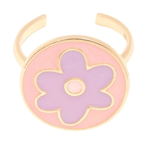 Adjustable gold flower ring with purple enamel daisy charm on clean white background