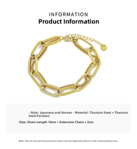 Detailed close-up of gold titanium steel double layer chain bracelet with round pendant