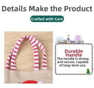 Detail of Christmas gift bag with durable red and white striped handle and burlap texture