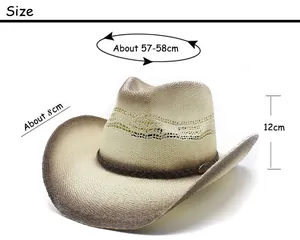 Size chart showing 57-58cm circumference and 8cm brim for this woven cowboy straw hat