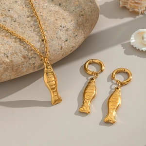 Lucky Fish Pendant Necklace And Hoop Earrings 18K Gold Plated Stainless Steel Minimalist Waterproof Jewelry For Women
