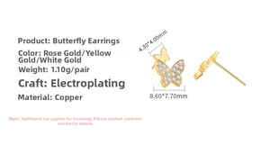Detailed specs of butterfly stud earrings in rose gold, gold, and platinum plated copper