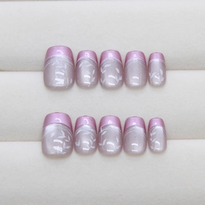 Short square press-on nails set with purple glitter, French tips and leaf designs