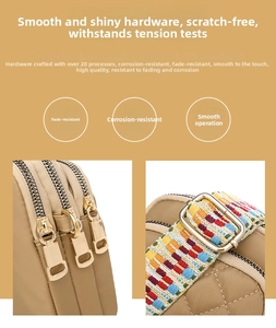 Detail of durable golden zipper and colorful woven strap on nylon crossbody bag