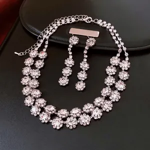 French vintage silver flower jewelry set with rhinestones necklace and long earrings