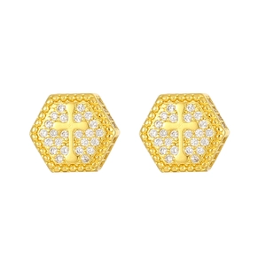 Iced out gold hexagon cross stud earrings for men with micro-paved cubic zirconia stones