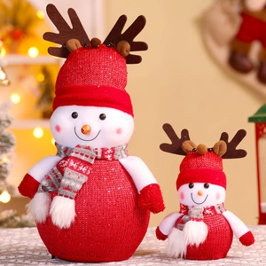 Detail of knitted textures on Christmas snowman figures with reindeer hats and scarves