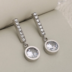 Silver stainless steel drop earrings with square and round cubic zirconia tassels