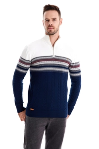 Close-up of men's half-zip knit sweater with geometric folk pattern and ribbed cuffs