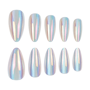 Luxury aurora holographic almond press-on nails set with vibrant iridescent blue-pink finish