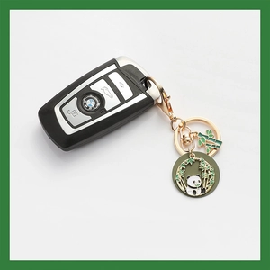 Detailed close-up of a panda keychain with bamboo charm attached to a car key