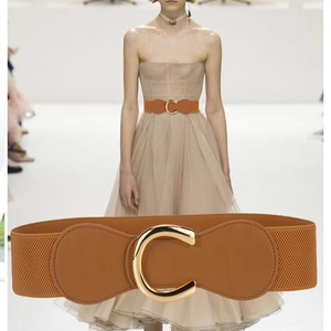 Brown elastic waist belt for women with large golden C-buckle accessory