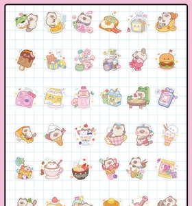Macro detail of diverse kawaii bear and food stickers for DIY journal decoration